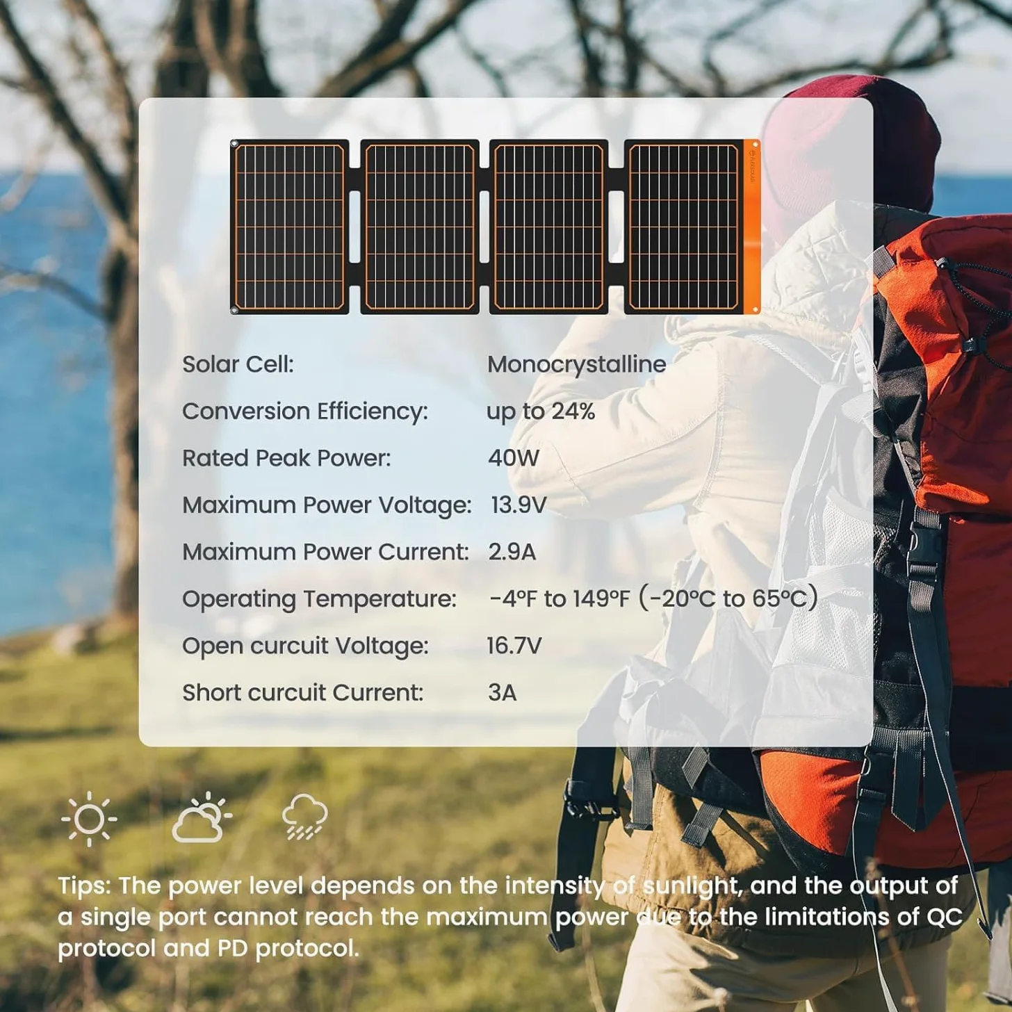 FlexSolar 40W Faltbares Solarpanel, Tragbares Solarladegerät USB-A QC3.0 USB-C PD3.0, 13.9V 2.9A, IP67 Wasserdicht, PET, Camping Outdoor