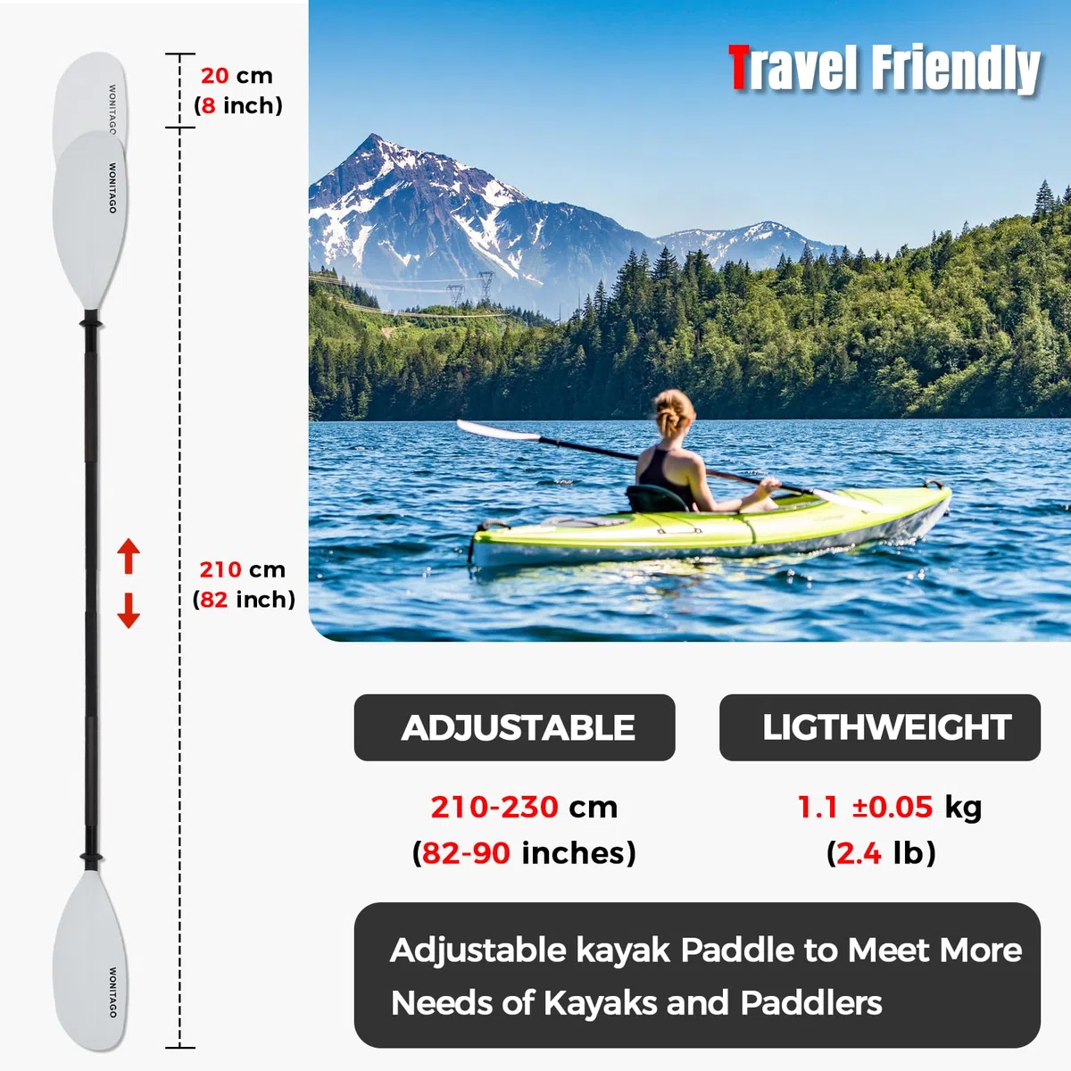 Kajakpaddel mit Legierungsschaft und PP-Klinge, schwimmende Kajak-Ruder, verstellbar 230-250 cm/90-98 Zoll, 210-230 cm/82-90 Zoll