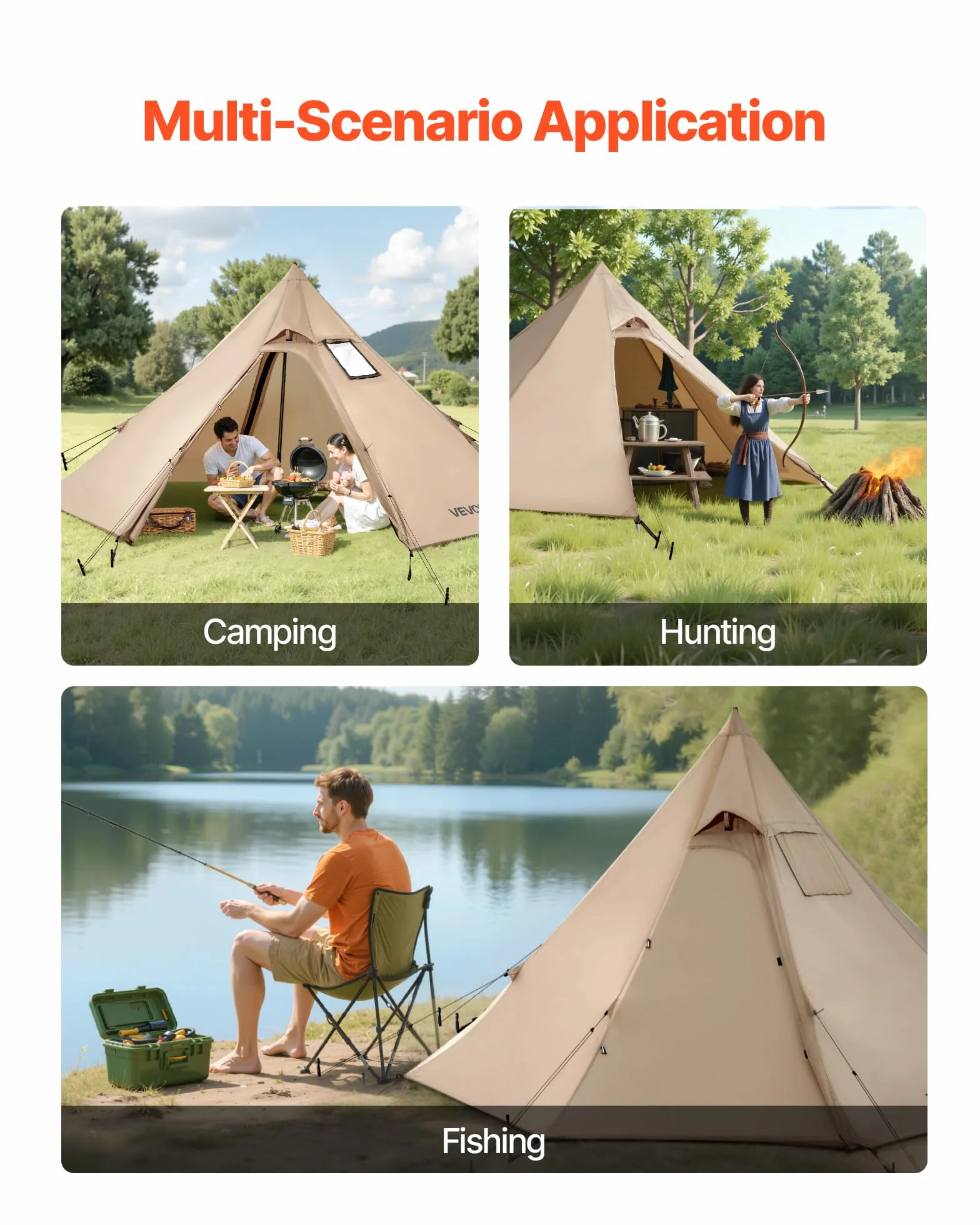 VEVOR Tipi Zelt für 2 Personen, tragbares Winterzelt mit Ofenanschluss, Campingzelte, leichte 4-Jahreszeiten-Schutzzelte, Firstzelt, zum Wandern, Angeln und Rucksackreisen, Größe S