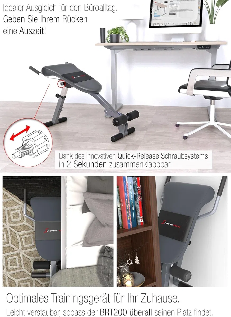 Sportstech Klappbare & verstellbare 3in1 Hantelbank für Zuhause – Bauchtrainer, Rückentrainer & Beincurler | Optimal für ein effizientes und effektives Home Gym Workout bis 130kg | BRT200