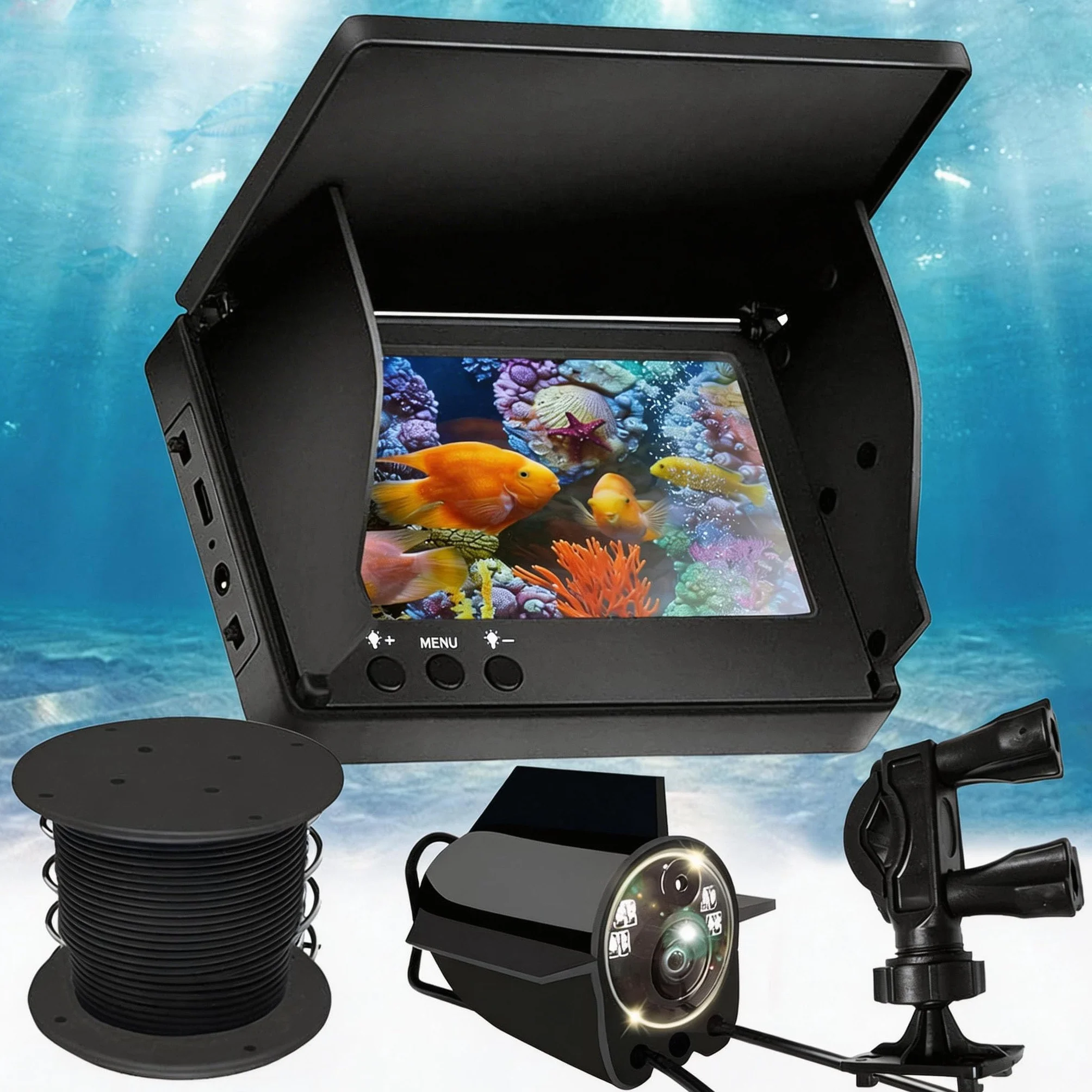 Fischfinder, Fish Finder Kamera IP65 Wasserdicht Unterwasser Kamera mit 5 Zoll IPS Display 8000mAh Akku 30m Kabel 220° Weitwinkel Nachtsicht für Meeresangeln Fluss Angeln Eisfischen