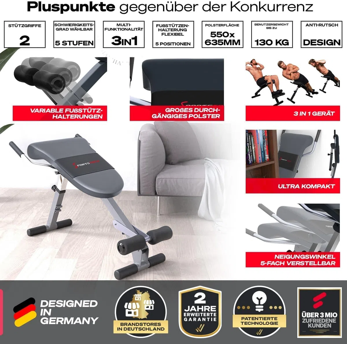 Sportstech Klappbare & verstellbare 3in1 Hantelbank für Zuhause – Bauchtrainer, Rückentrainer & Beincurler | Optimal für ein effizientes und effektives Home Gym Workout bis 130kg | BRT200