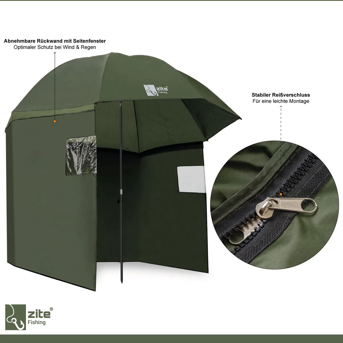 Zite Fishing Schirmzelt Set Angeln - Angel-Zelt 2,50m Wasserabweisende Beschichtung & Schirmstütze für Angelschirm mit Seitenwand, Angelschirme, Angel Schirm, Anglerschirm Schirmzelt Angeln Anglerzelt